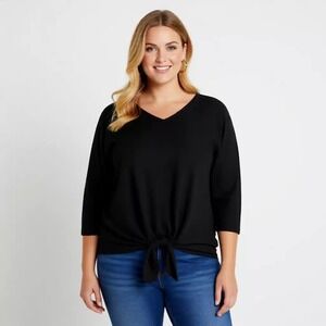 Ruby Rd Black Textured Tie‎ Front V Neck 3/4 Sleeve Top Womens Size S NWT